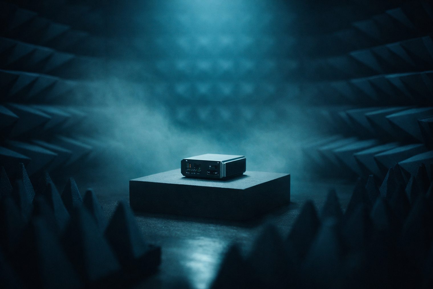 Electronic device under test on a pedestal inside an EMC anechoic chamber
