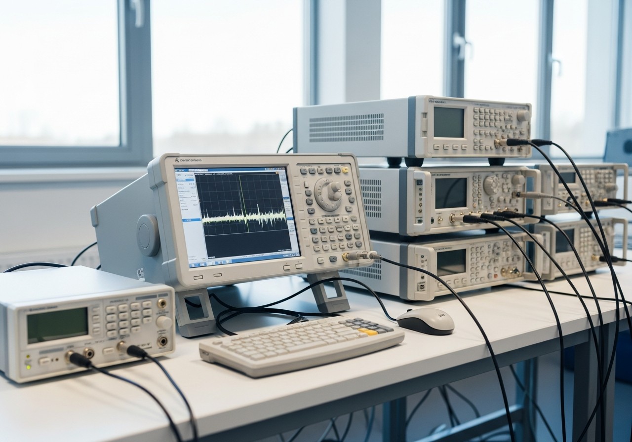 Spectrum analyser on a test bench during a compliance measurement
