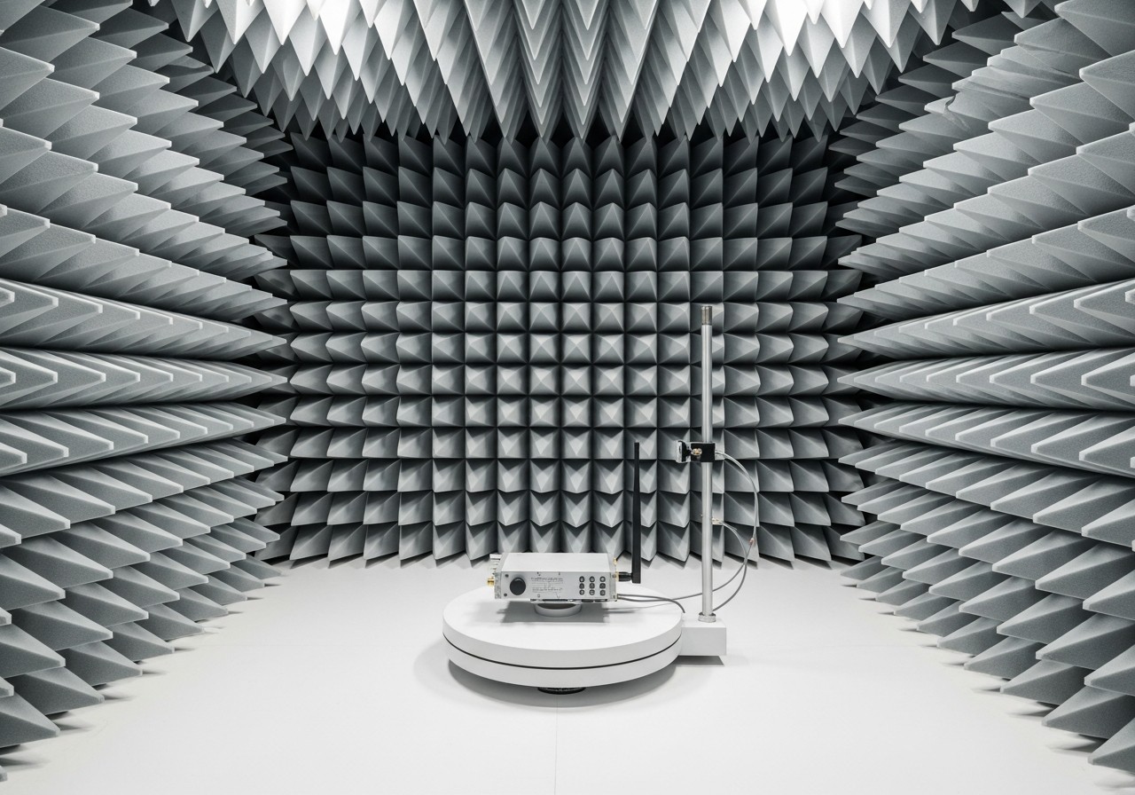 Electronic device under test on a pedestal inside an EMC anechoic chamber