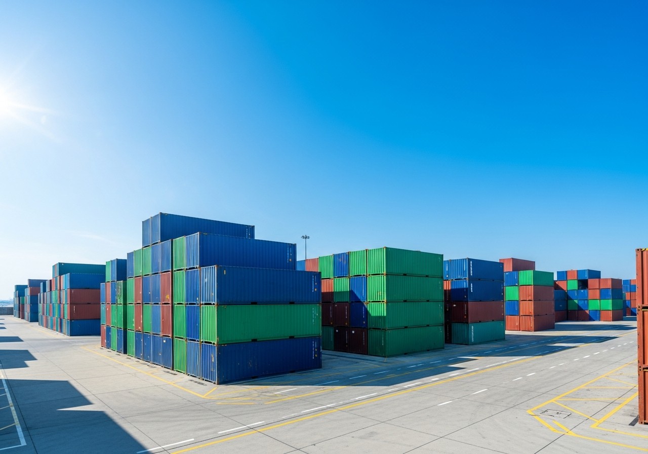 Shipping containers stacked at a port